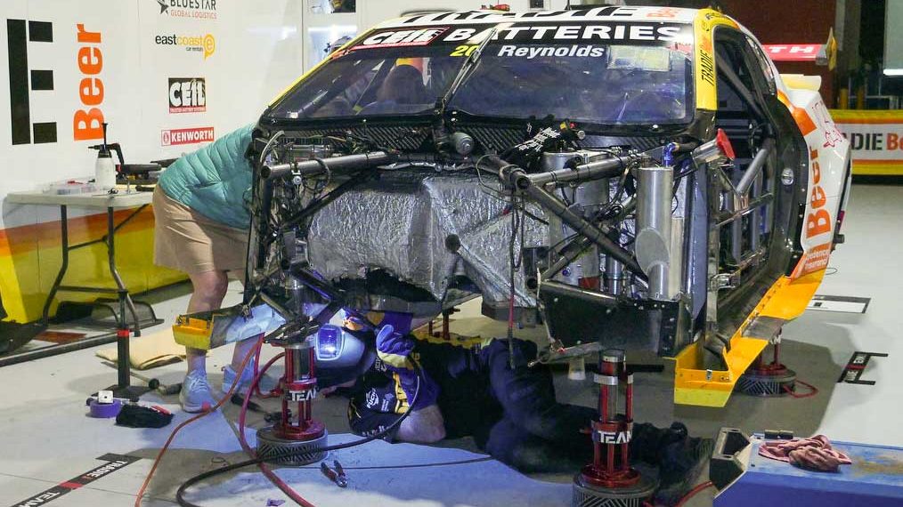 David Reynolds' Camaro during repairs at Bathurst.