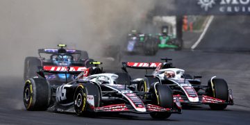 Daniel Ricciardo spoke with Nico Hulkenberg following the opening lap clash. Image: Charniaux / XPB Images