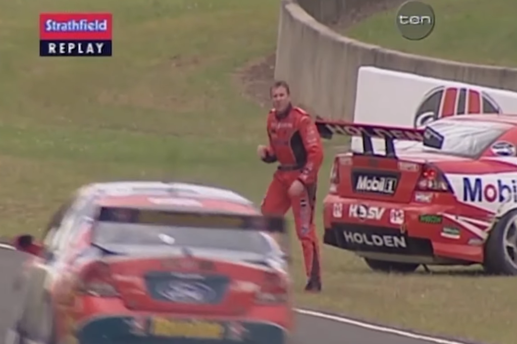 Mark Skaife and Russell Ingall developed a heated rivalry after this incident at Sydney Motorsport Park in 2003. Image: Network 10