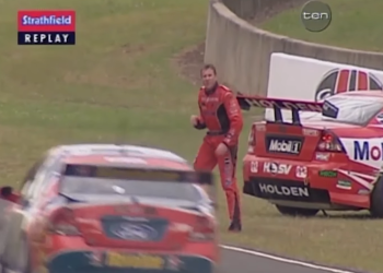 Mark Skaife and Russell Ingall developed a heated rivalry after this incident at Sydney Motorsport Park in 2003. Image: Network 10