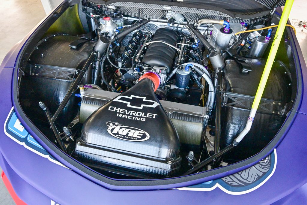A Chevrolet LTR engine, built by KRE Race Engines, in a Triple Eight Race Engineering Camaro during a shakedown day at Queensland Raceway in January 2024