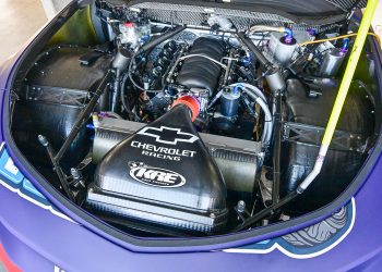 A Chevrolet LTR engine, built by KRE Race Engines, in a Triple Eight Race Engineering Camaro during a shakedown day at Queensland Raceway in January 2024