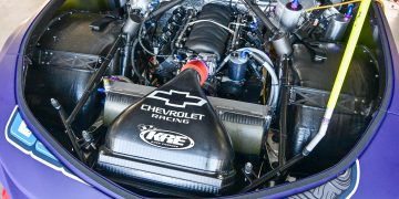 A Chevrolet LTR engine, built by KRE Race Engines, in a Triple Eight Race Engineering Camaro during a shakedown day at Queensland Raceway in January 2024