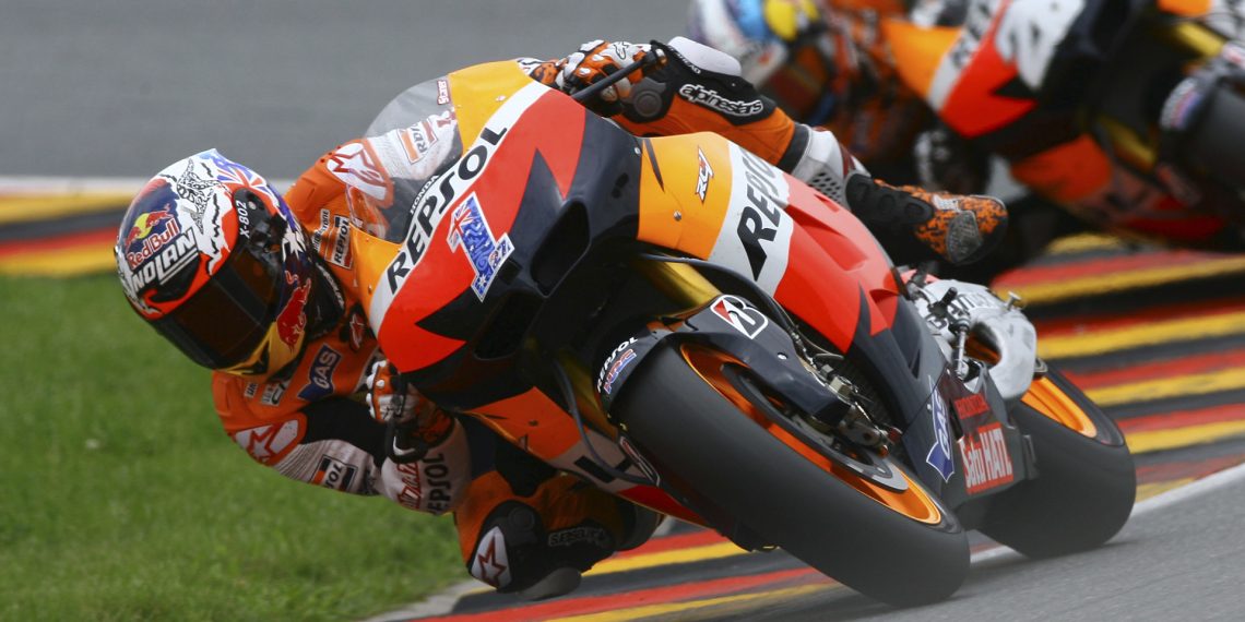 Casey Stoner during the 2012 German Motorcycle Grand at the Sachsenring. Image: Gold & Goose