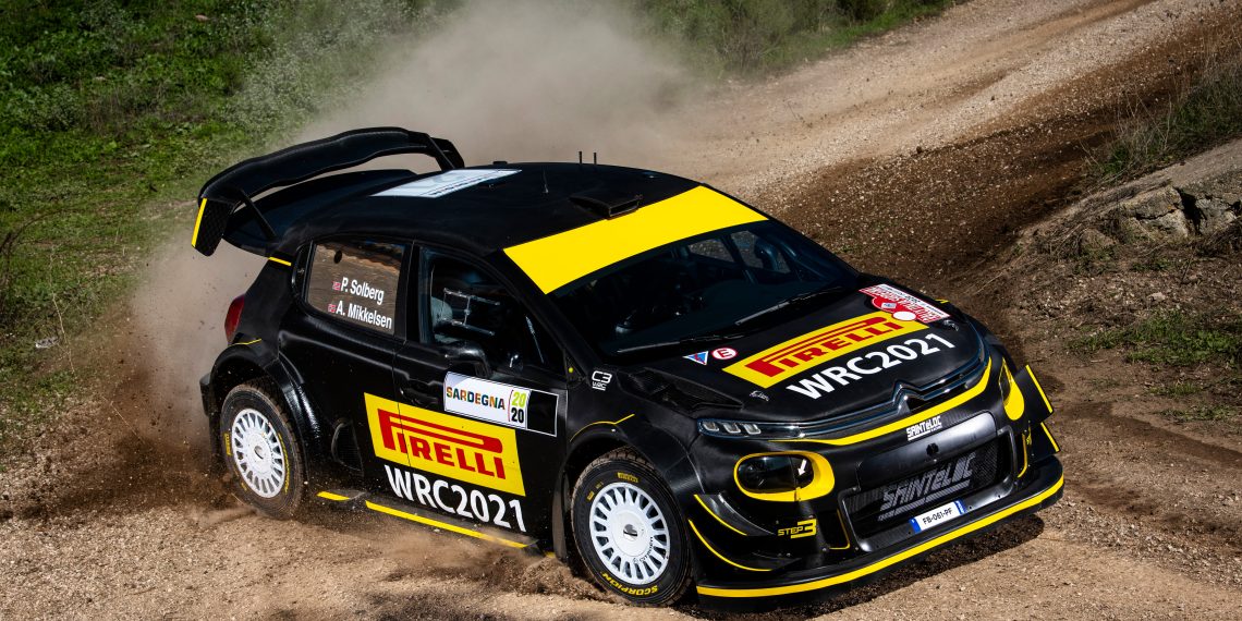 Petter Solberg and Andreas Mikkelsen of team Citroen C3 WRC Sainte loc Junior Team are seen racing on day 1 in shakedown during the World Rally Championship Italy in Italy.