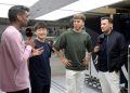 Yuki Tsunoda and Pierre Gasly talk with Lawrence Barretto (left) and Will Buxton (right) during previews ahead of the F1 Grand Prix of Abu Dhabi. Image: Rudy Carezzevoli/Getty Images