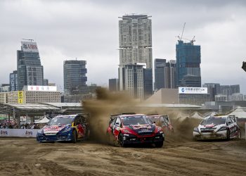 Johan Kristoffersson (SWE) of the Volkswagen Dealerteam BAUHAUS, Kevin and Timmy Hansen (SWE) of the Hansen World RX Team and Timo Scheider (GER) of the ALL-INKL.COM Muennich Motorsport Team seen during the FIA World Rallycross Championship seen in Hong Kong, China on November 11, 2023. // Joerg Mitter / Red Bull Content Pool // SI202311110221 // Usage for editorial use only //
