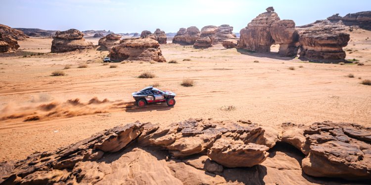 Mattias Ekstrom (SWE) and Emil Bergkvist (SWE) of Team Audi Sport race during the prologue stage of Rally Dakar 2024 in Al Ula, Saudi Arabia on January 05, 2024 // Marcelo Maragni / Red Bull Content Pool // SI202401050097 // Usage for editorial use only //