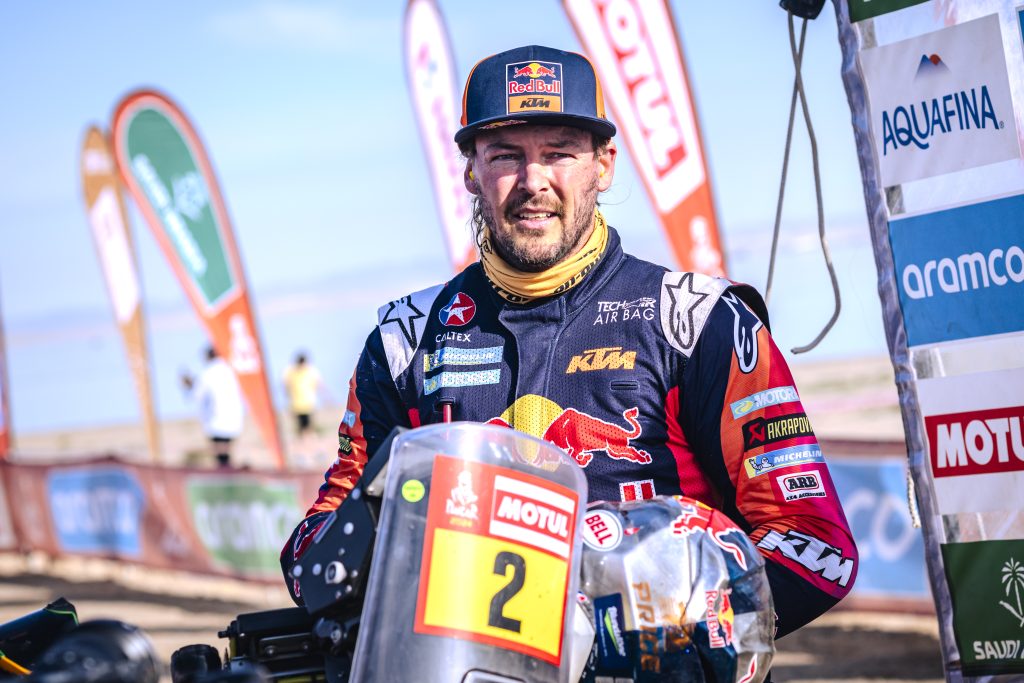 Toby Price (AUS) of Red Bull KTM Factory Racing is seen at the finish line of Rally Dakar 2024 in Yambu, Saudi Arabia on January 19, 2024 // Marcelo Maragni / Red Bull Content Pool // SI202401190238 // Usage for editorial use only //