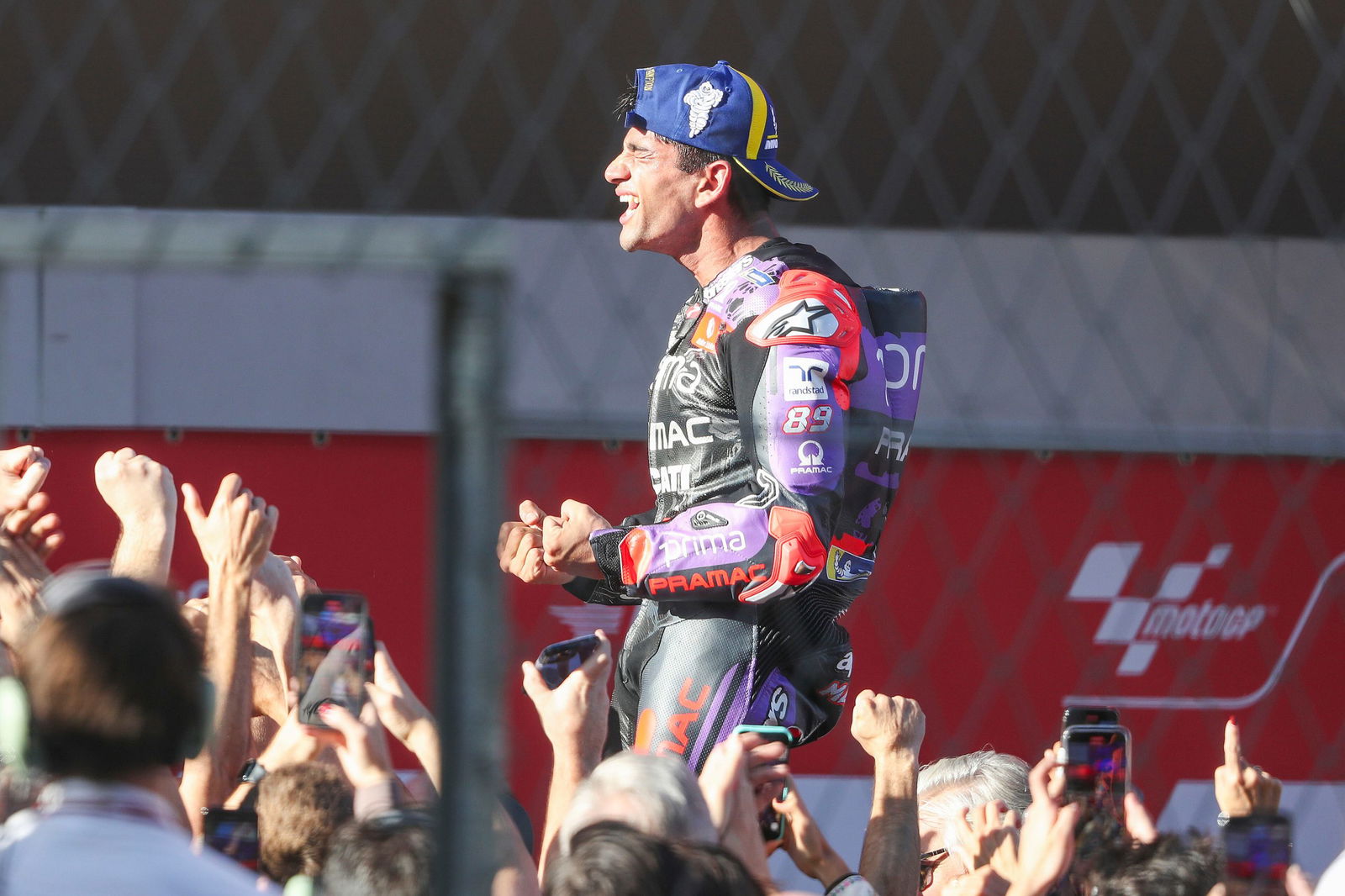 Jorge Martin celebrates winning the 2024 MotoGP World Championship.