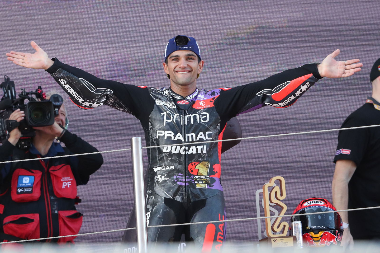 Jorge Martin celebrates winning the 2024 MotoGP World Championship. 