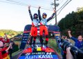 Thierry Neuville and co-driver Martijn Wydaeghe of Hyundai celebrate on the podium after winning the FIA World Rally Drivers and Co-Drivers titles at the final round the FIA World rally Championship season during the World Rally Championship in Japan.