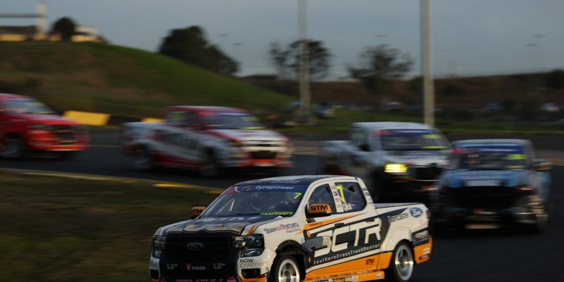 Third early, Cameron Crick fought his way through to win the first V8 SuperUte encounter. Image: InSyde Media