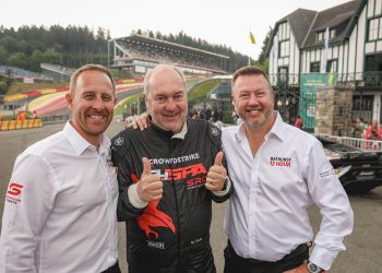 Bathurst 12 Hour Event Director Shane Rudzis (left) and Supercars Head of Broadcast Nathan Prendergast (right) with three-time 24 Hours of Spa winner Marc Duez at the 2024 running of the event. Image: Kevin Pecks/Chequered Flag