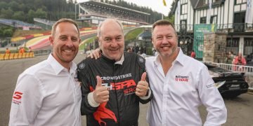 Bathurst 12 Hour Event Director Shane Rudzis (left) and Supercars Head of Broadcast Nathan Prendergast (right) with three-time 24 Hours of Spa winner Marc Duez at the 2024 running of the event. Image: Kevin Pecks/Chequered Flag