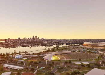 A render of the proposed Burswood Park precint to host motorsport, concerts, and other events.