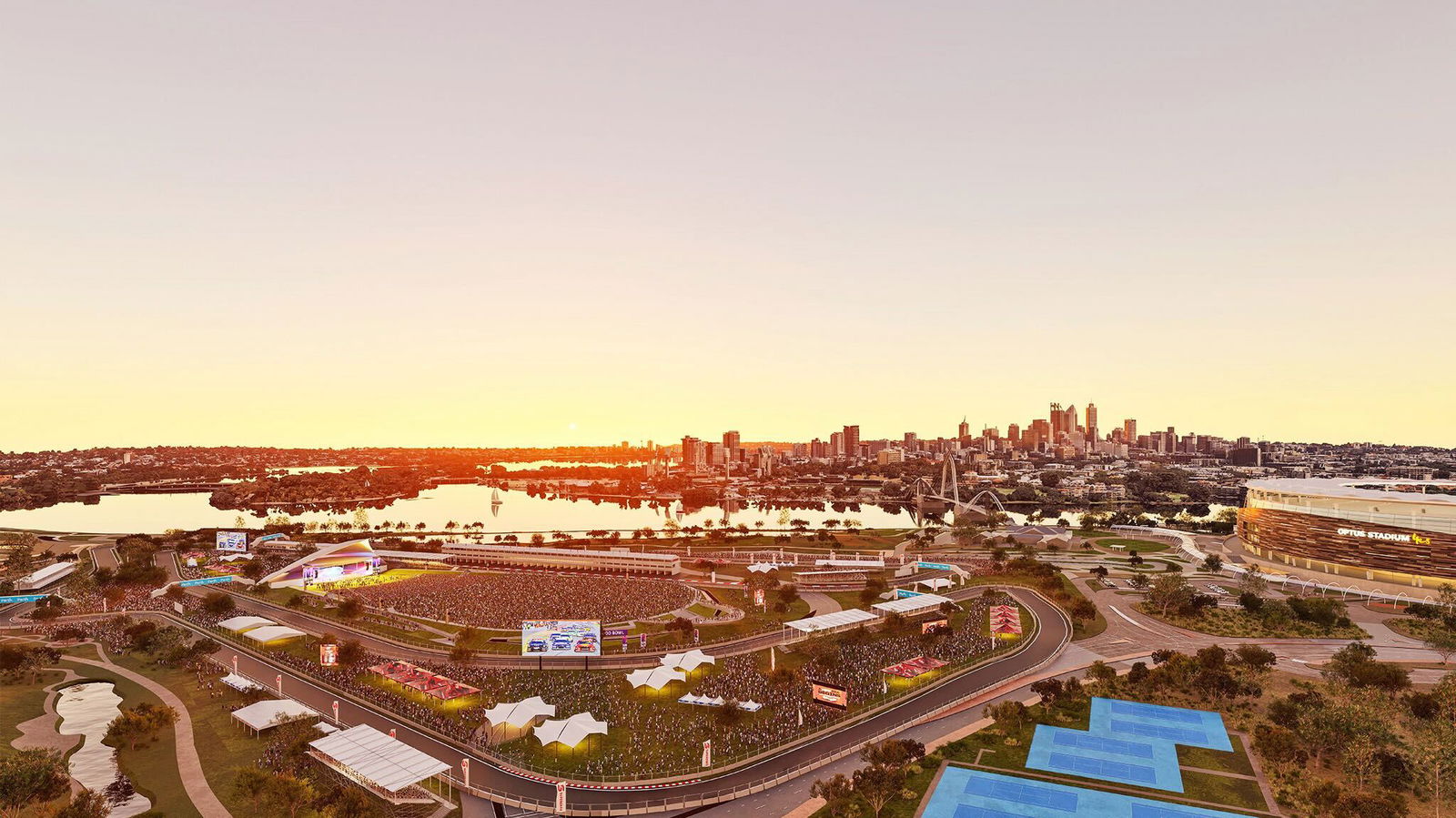 A render of the proposed Burswood Park precint to host motorsport, concerts, and other events.