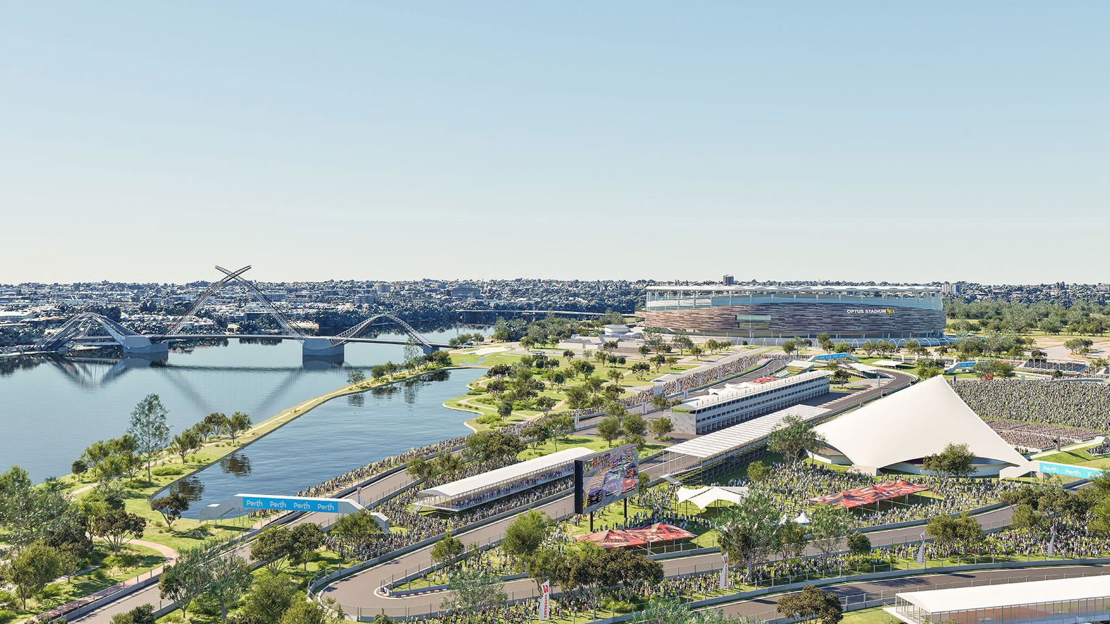 A render of the proposed Burswood Park precint to host motorsport, concerts, and other events.