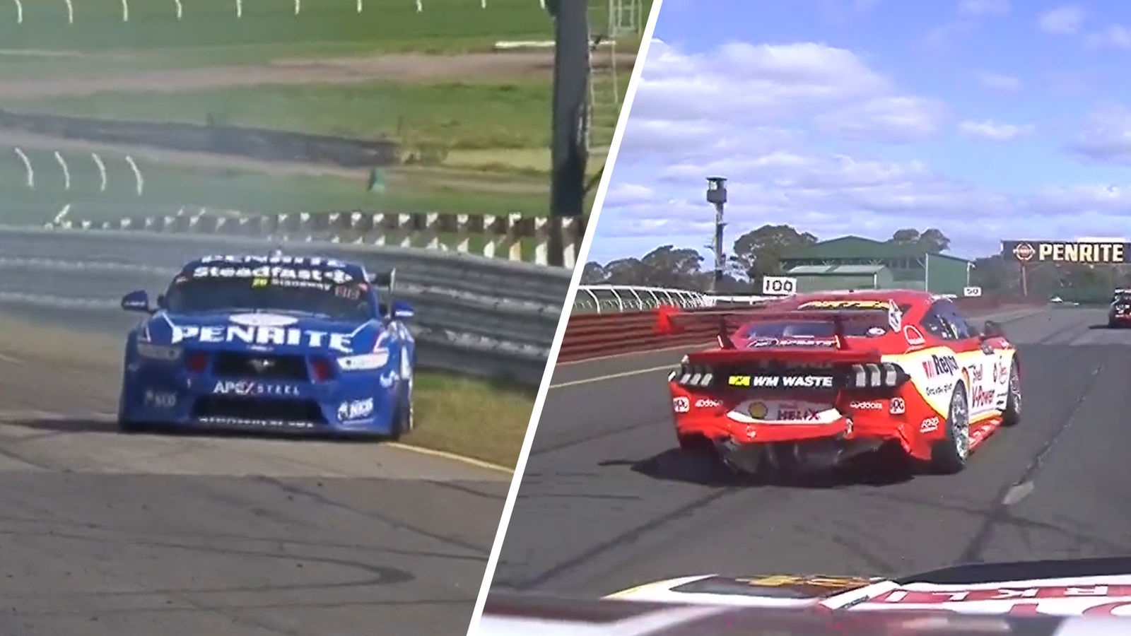 Richie Stanaway's car breaks down with a siezed engine (left) and Will Davison's damaged Ford Mustang after being hit by David Reynolds