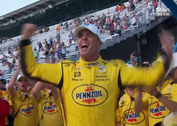 Scott McLaughlin celebrates his Indy 500 pole position. Image: Stan Sport