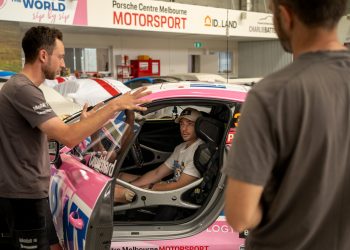 Scott Pye during a seat fitting in the Carrera Cup car which Fabian Coulthard will drive for Porsche Centre Melbourne. Image: Supplied