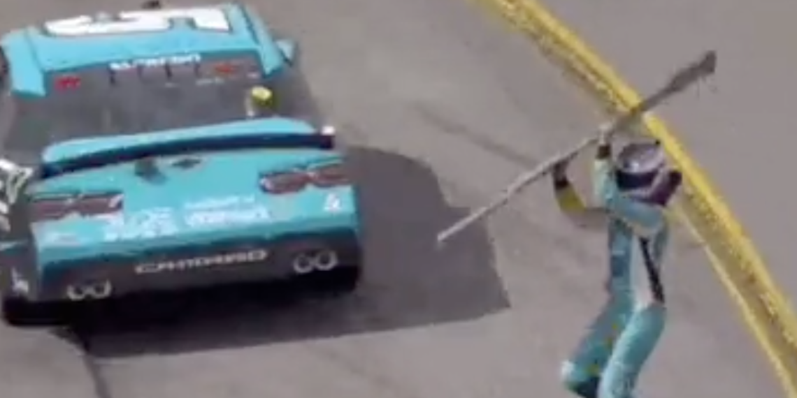 Joey Gase throws his bumper at Dawson Cram. Image: Xfinity Series