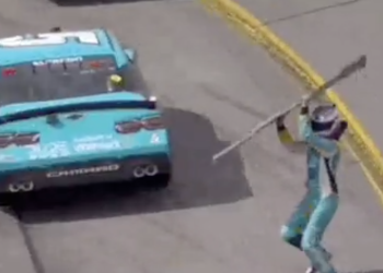 Joey Gase throws his bumper at Dawson Cram. Image: Xfinity Series