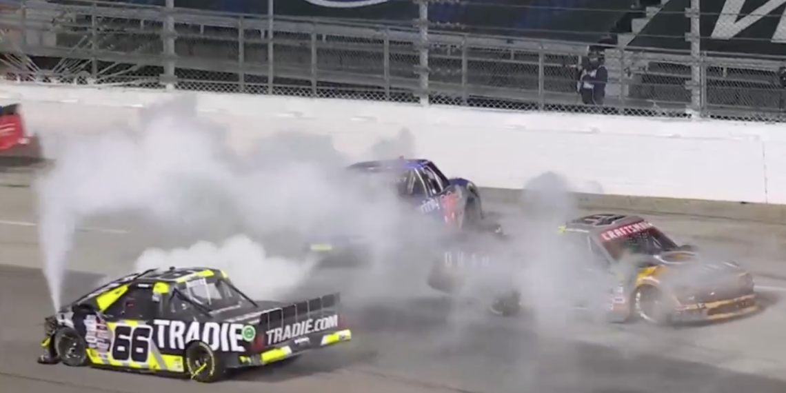 Cam Waters crashed out of his NASCAR debut. Image: Fox: NASCAR