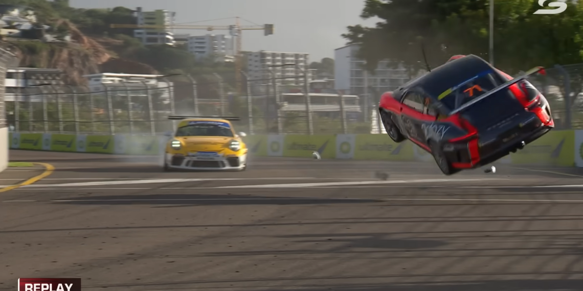 Conor Somers flips his 911 GT3 Cup car in Porsche Michelin Sprint Challenge at Townsville.