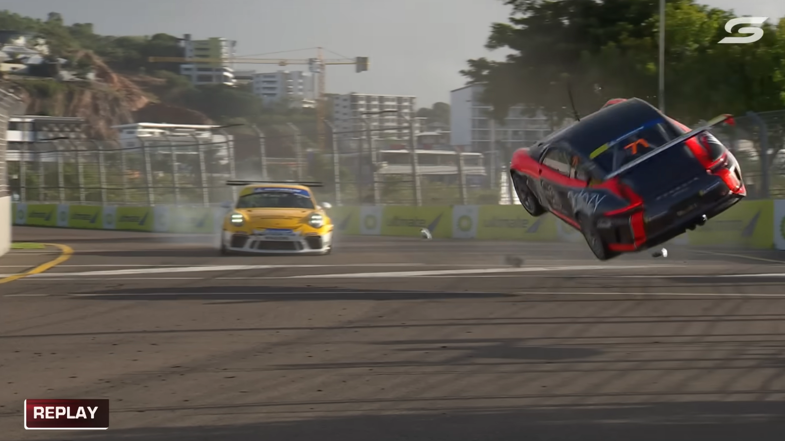 Conor Somers flips his 911 GT3 Cup car in Porsche Michelin Sprint Challenge at Townsville.