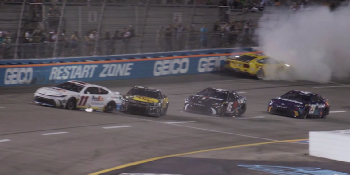 Joey Logano (#22) hits the outside wall while Austin Dillon (#3) hooks the right rear of Denny Hamlin (#12). Image: NASCAR