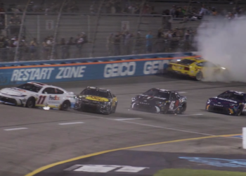 Joey Logano (#22) hits the outside wall while Austin Dillon (#3) hooks the right rear of Denny Hamlin (#12). Image: NASCAR