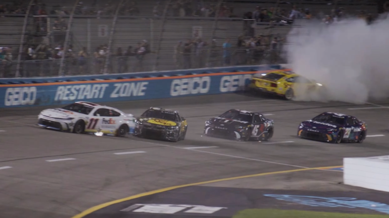 Joey Logano (#22) hits the outside wall while Austin Dillon (#3) hooks the right rear of Denny Hamlin (#12). Image: NASCAR