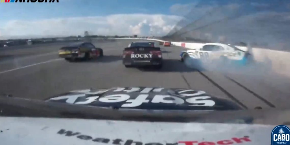 The #88 crashes on the final lap of the NASCAR Xfinity Series race at Michigan International Speedway.