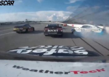 The #88 crashes on the final lap of the NASCAR Xfinity Series race at Michigan International Speedway.