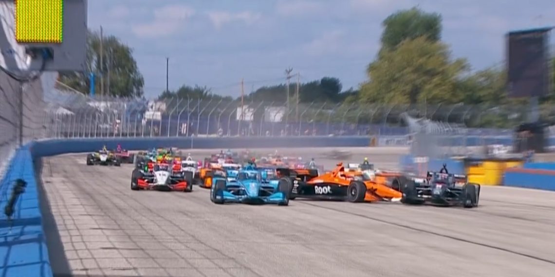 Marcus Armstrong and Josef Newgarden collide on the start of the second Milwaukee Mile race. Image: Stan Sport