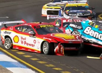 Kai Allen and Dylan O'Keeffe make contact at the final turn on Lap 68 of the Sandown 500.