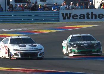 Shane van Gisbergen goes wide at the bus stop chicane at Watkins Glen. Image: Fox Sports