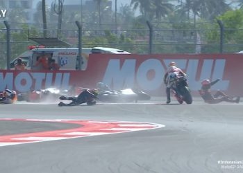 Jack Miller (right) set off a four-bike pile-up at the Mandalika resort circuit.