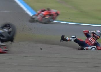 Pedro Acosta falls during the Japanese Motorcycle Grand Prix Sprint at Mobility Resort Motegi.