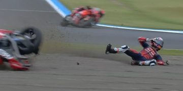 Pedro Acosta falls during the Japanese Motorcycle Grand Prix Sprint at Mobility Resort Motegi.