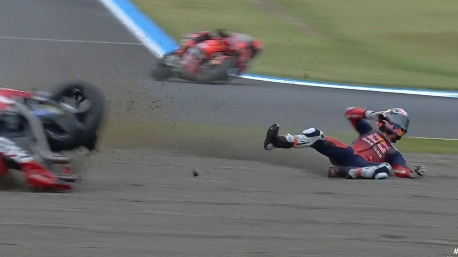 Pedro Acosta falls during the Japanese Motorcycle Grand Prix Sprint at Mobility Resort Motegi.