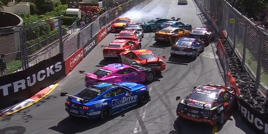 The Lap 1 crash during Race 22 of the Repco Supercars Championship at the Gold Coast 500.