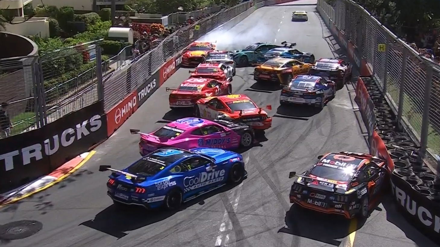 The Lap 1 crash during Race 22 of the Repco Supercars Championship at the Gold Coast 500.