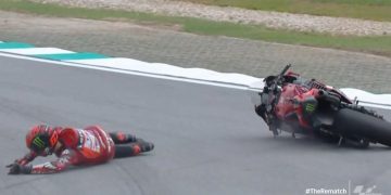 Francesco Bagnaia crashes out of the Malaysian Motorcycle Grand Prix Sprint at Sepang International Circuit.