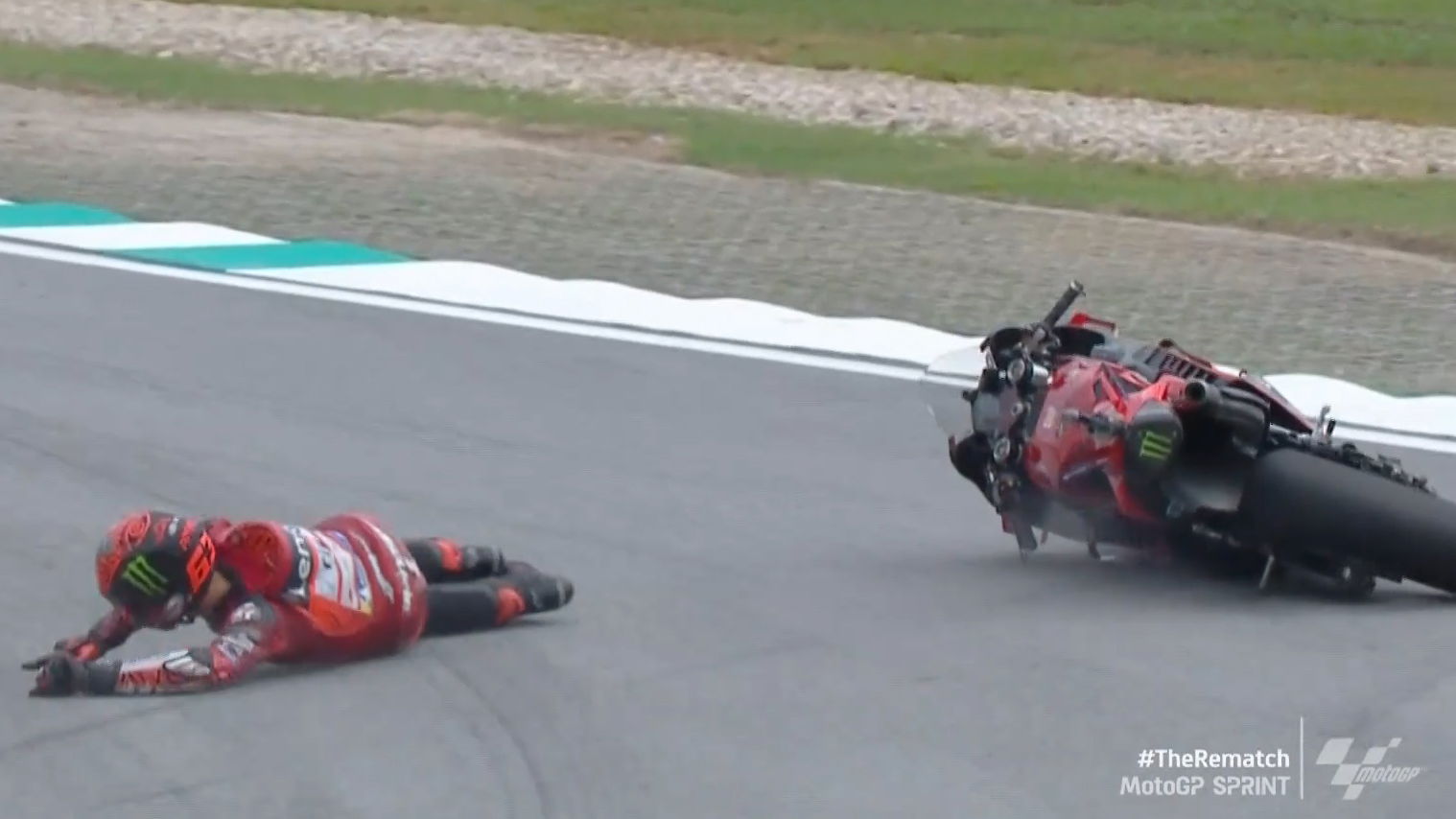 Francesco Bagnaia crashes out of the Malaysian Motorcycle Grand Prix Sprint at Sepang International Circuit.