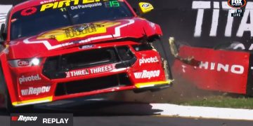 Anton De Pasquale whacks the tyre bundle at Turn 1 during Practice 1 for the Repco Supercars Championship at the VAILO Adelaide 500.