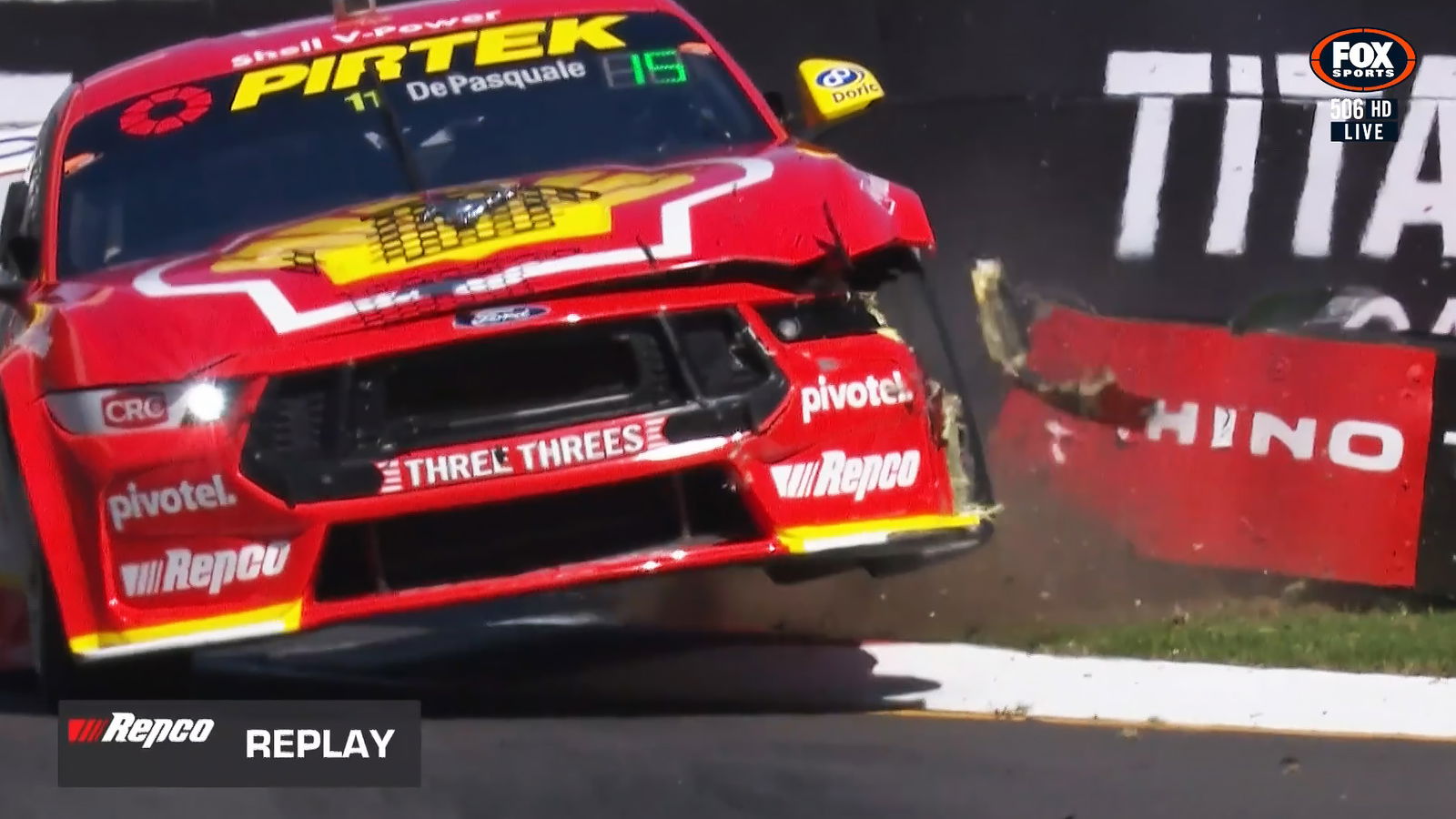 Anton De Pasquale whacks the tyre bundle at Turn 1 during Practice 1 for the Repco Supercars Championship at the VAILO Adelaide 500.