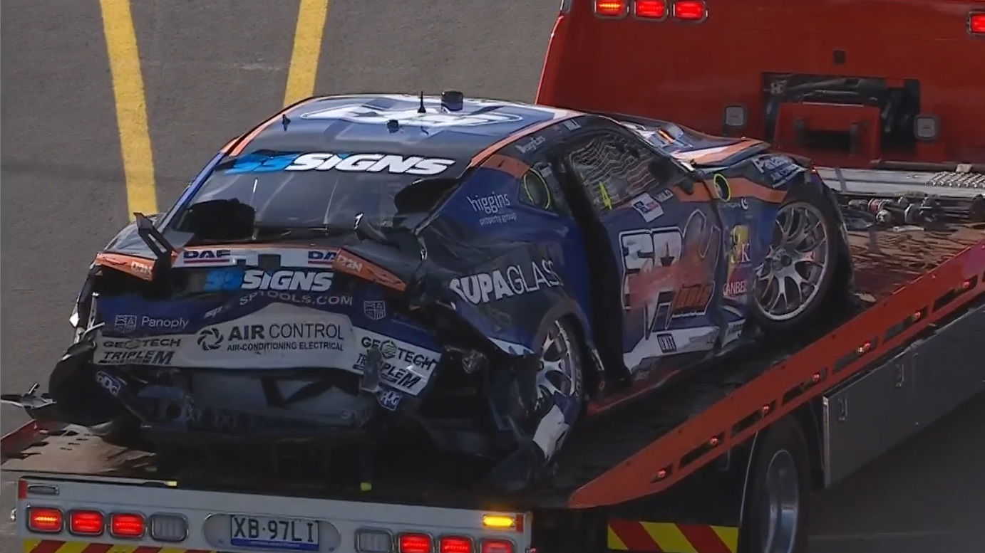 Cameron Hill's wrecked Matt Stone Racing Chevrolet Camaro.