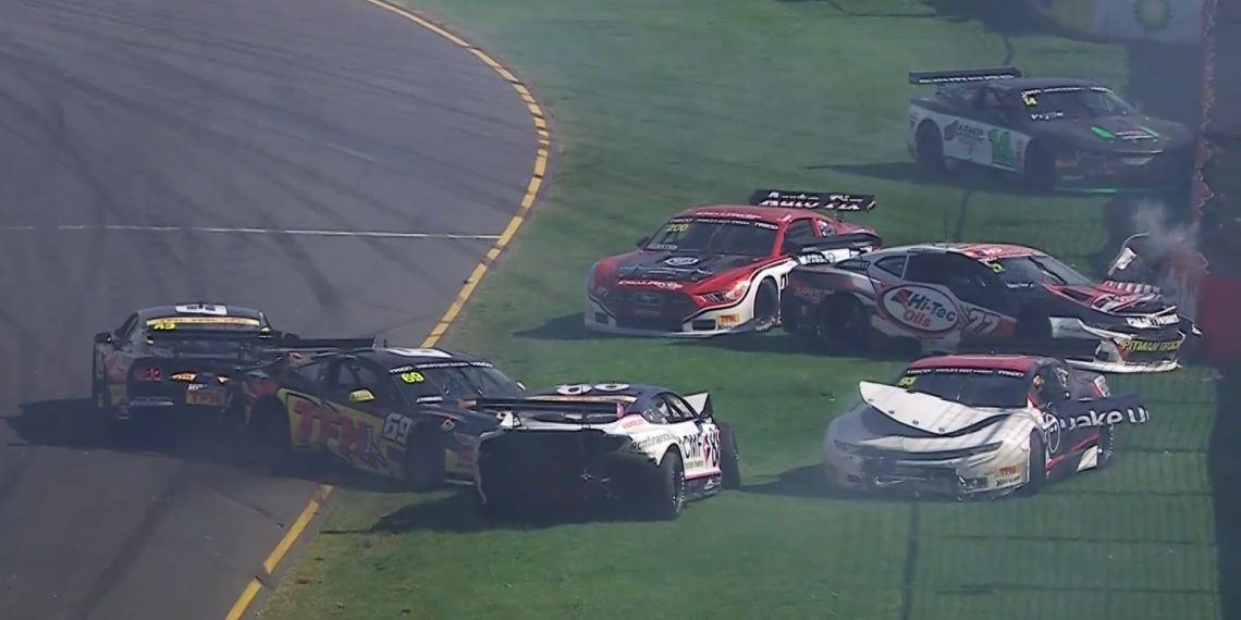 Trans Am cars parked at the penultimate turn at the Adelaide Parklands Circuit. Image: Fox Sports